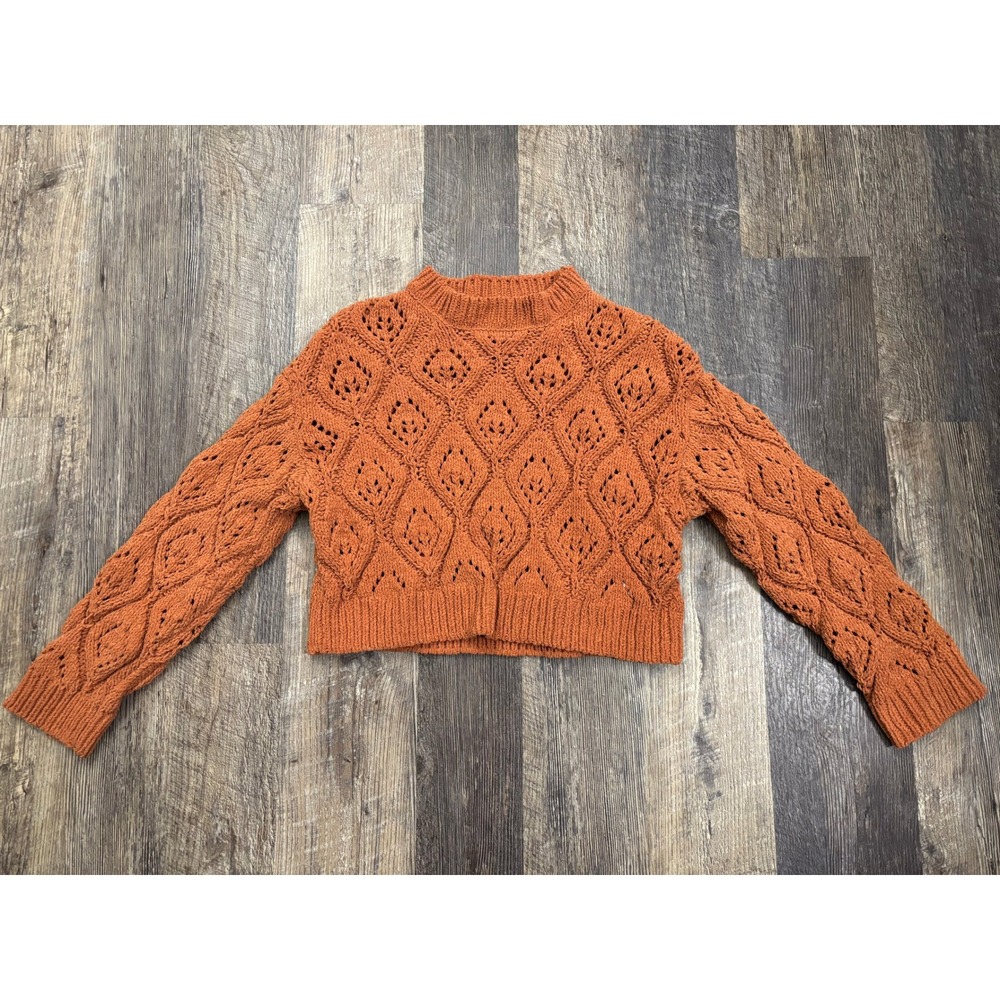 Zara Girls Burnt Orange Pointelle Knit Mock Neck Cropped Sweater Size 11-12 152